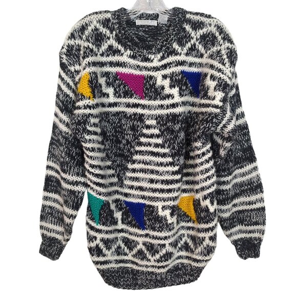 Permit Vintage Mens Sweater Sz M Geometric Black White Acrylic Triangle Pattern - Picture 15 of 16